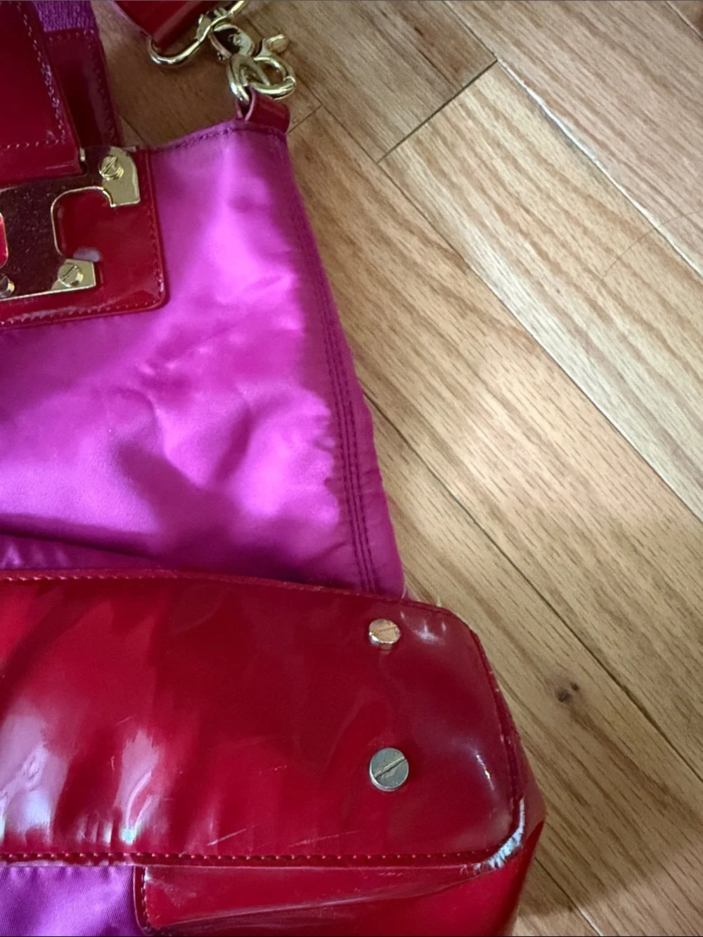 Tory Burch Fuchsia Nylon Tote with Red Patent Trim